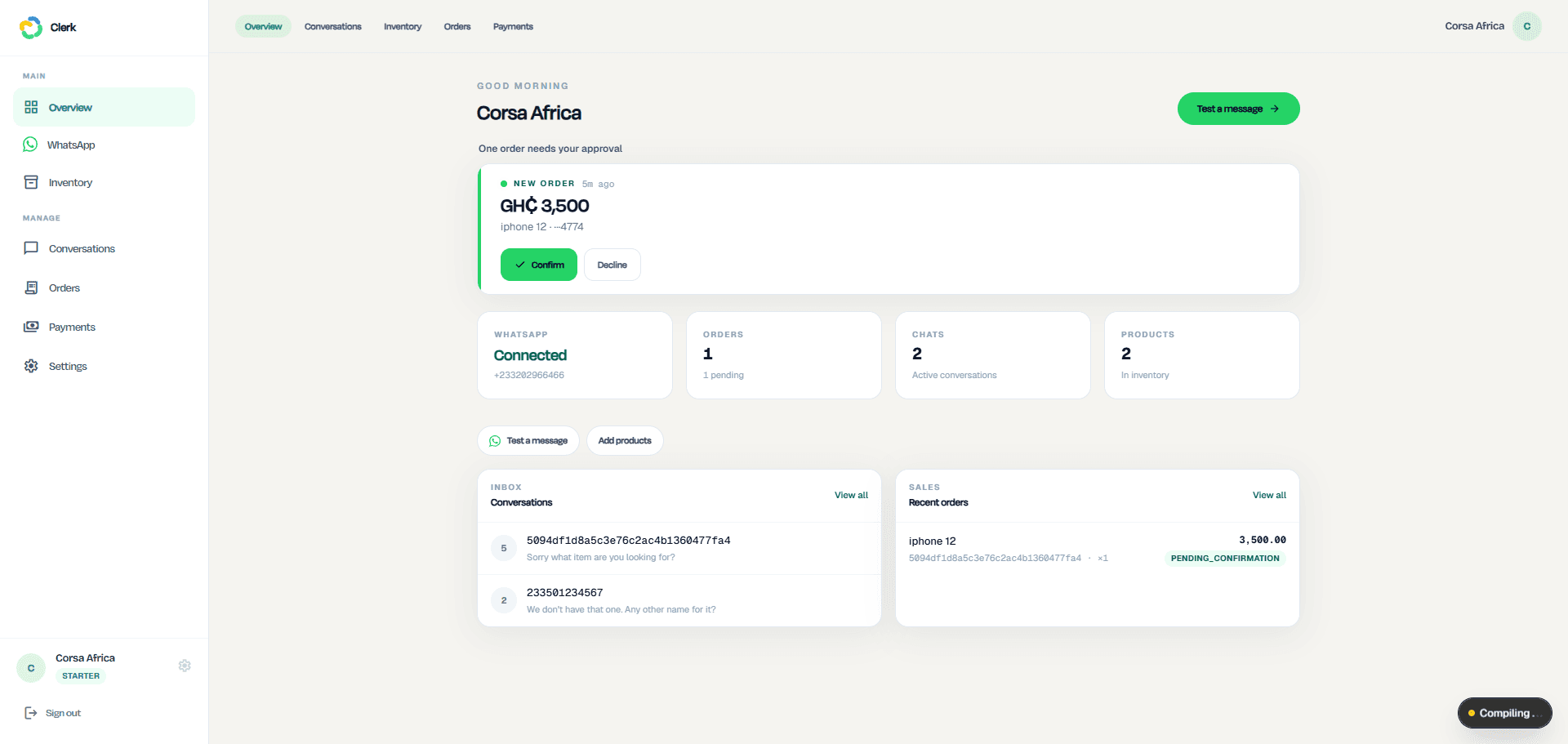 Clerk dashboard: orders waiting, messages answered and payments collected in one place